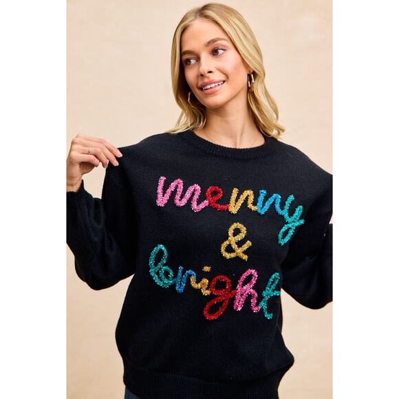 BiBi Black Holiday Christmas Tinsel Lettering Christmas Sweater NEW Large - Picture 2 of 8